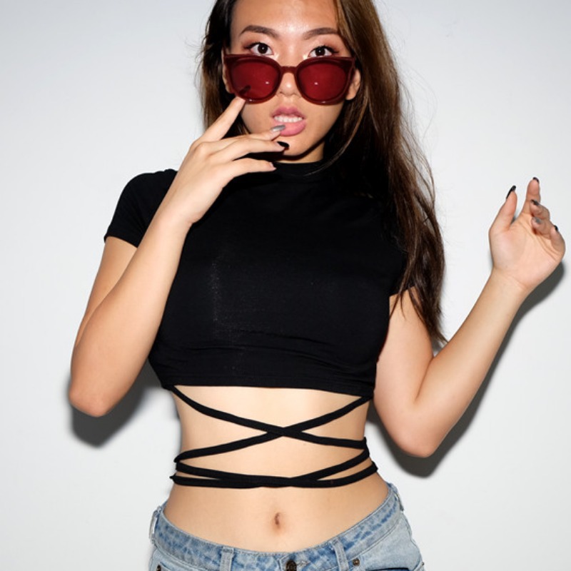 Wholesale Hot Sale Women Short-sleeve Lace Up Crop Tops