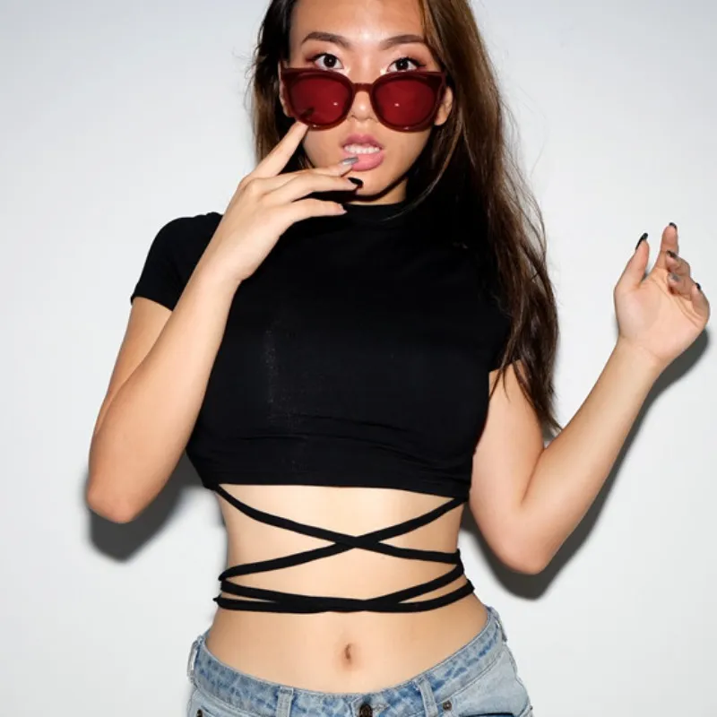 Women Short-sleeve Lace Up Crop Top Slim Fit Polyester