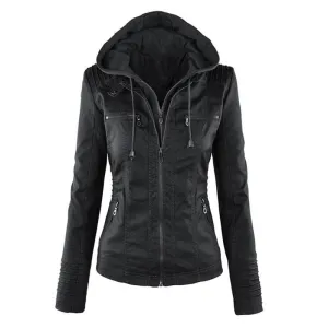 Women Punk Style Casual Long Sleeve Zipper PU Leather Jacket