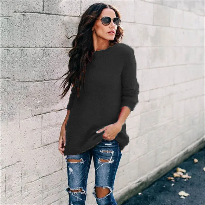 S-5XL Women Solid Color Long-sleeve Pullover Sweater Urban Leisure Loose Fit