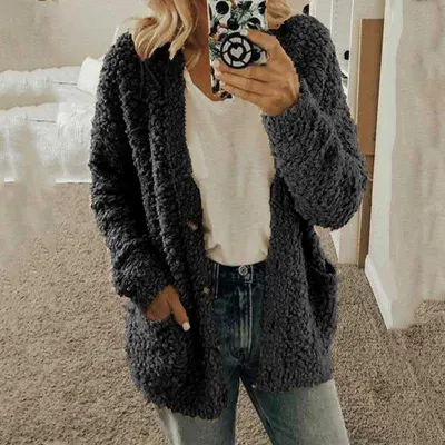 Women Casual Winter Solid Color Pocket Design Knitted Plush Coat Cardigan