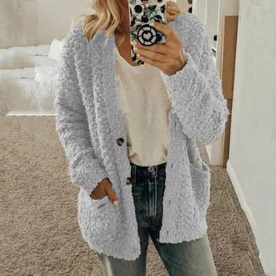 Women Casual Winter Solid Color Pocket Design Knitted Plush Coat Cardigan