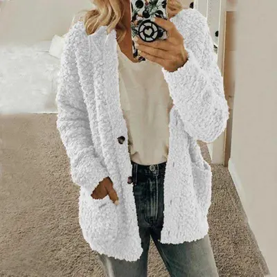 Women Casual Winter Solid Color Pocket Design Knitted Plush Coat Cardigan