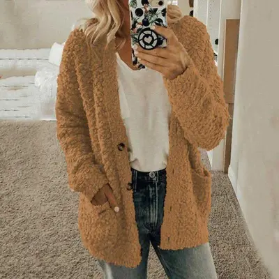 Women Casual Winter Solid Color Pocket Design Knitted Plush Coat Cardigan