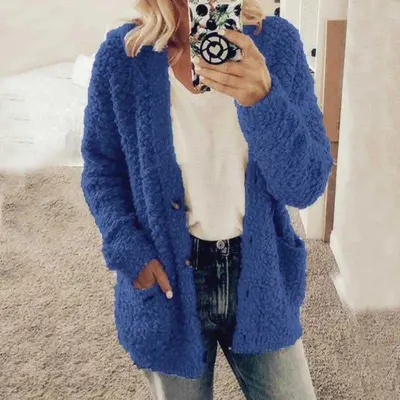 Women Casual Winter Solid Color Pocket Design Knitted Plush Coat Cardigan