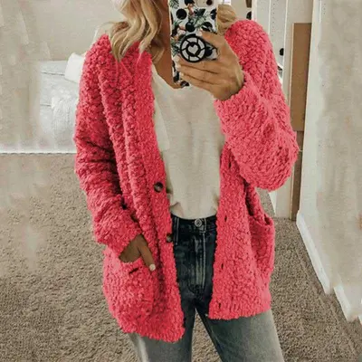 Women Casual Winter Solid Color Pocket Design Knitted Plush Coat Cardigan