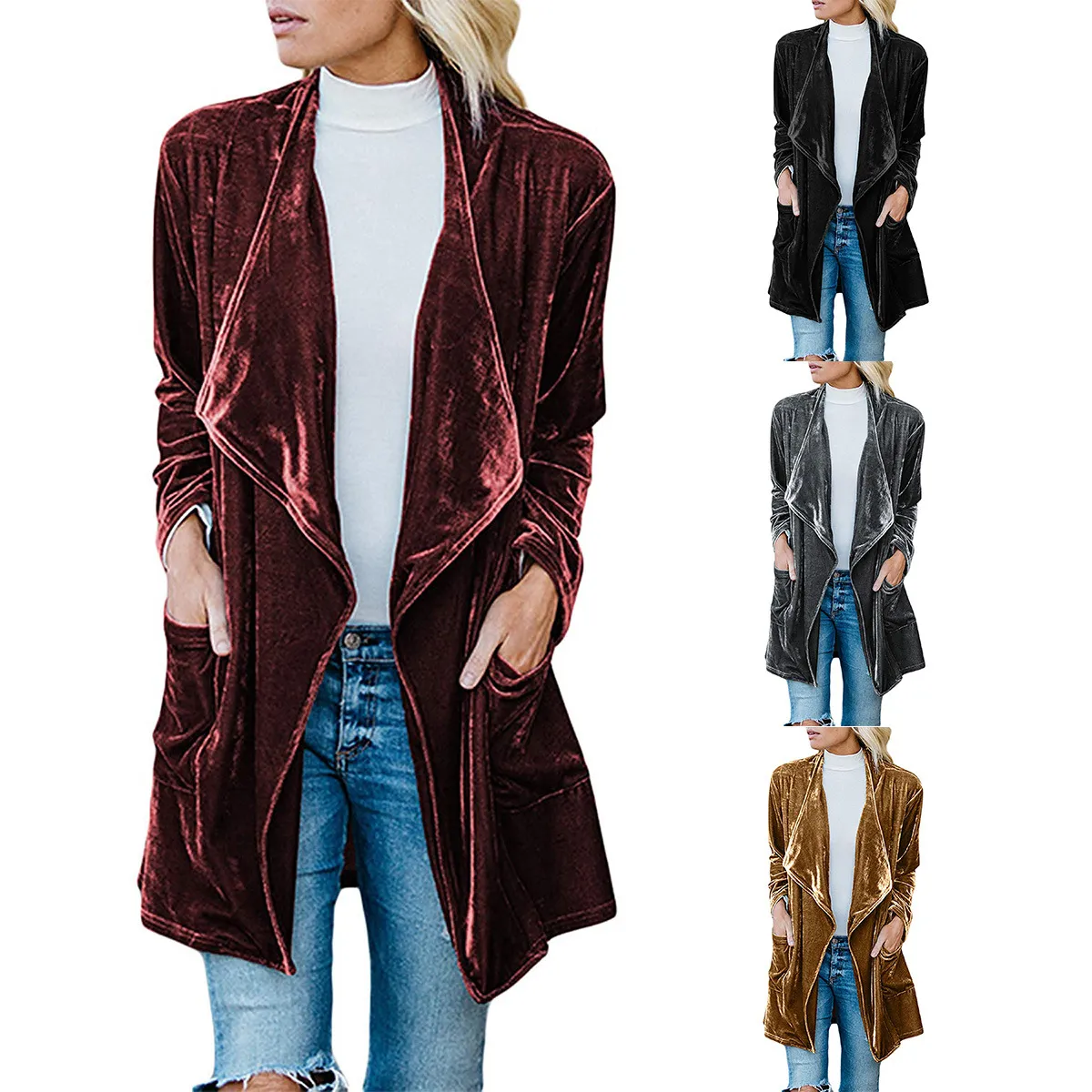 S-XXL Fashion Solid Color Velvet Fabric Lapel Coat