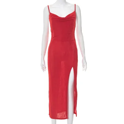Women Sexy Summer Solid Color Sling Sleeveless Creased Glitter Side-Slit Midi Dress