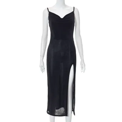 Women Sexy Summer Solid Color Sling Sleeveless Creased Glitter Side-Slit Midi Dress