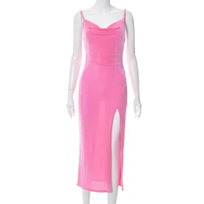 Women Sexy Summer Solid Color Sling Sleeveless Creased Glitter Side-Slit Midi Dress