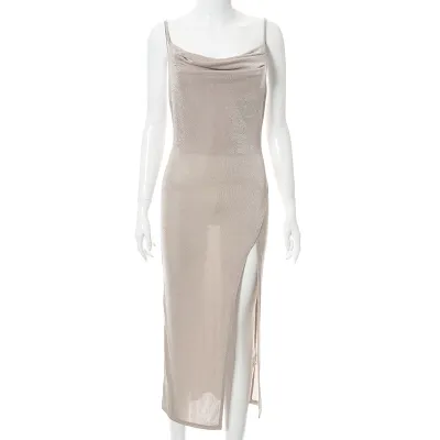 Women Sexy Summer Solid Color Sling Sleeveless Creased Glitter Side-Slit Midi Dress