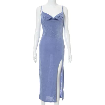 Women Sexy Summer Solid Color Sling Sleeveless Creased Glitter Side-Slit Midi Dress
