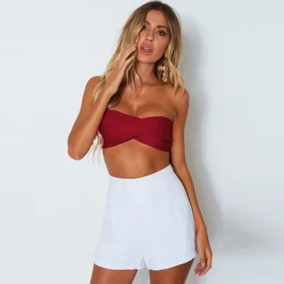 Women Sexy Night Out Solid Color Strapless Halter Neck Bandage Backless Crop Tube Top