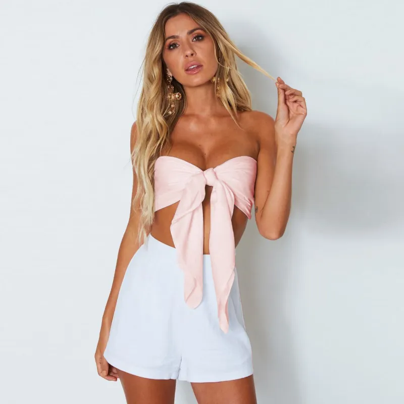 Women Sexy Night Out Solid Color Strapless Halter Neck Bandage Backless Crop Tube Top
