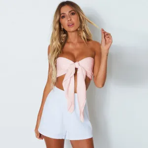 Women Sexy Night Out Solid Color Strapless Halter Neck Bandage Backless Crop Tube Top