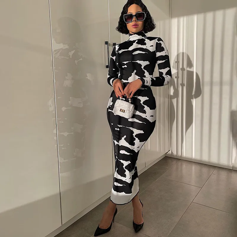 S-L Women Autumn Edgy All Over Print High Neck Long Sleeve Bodycon Midi Dress