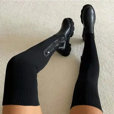 Women Winter Casual Solid Color Over The Knee Boots With Elastic Side Zipper Thick Sole Pu Upper