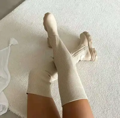 Women Winter Casual Solid Color Over The Knee Boots With Elastic Side Zipper Thick Sole Pu Upper