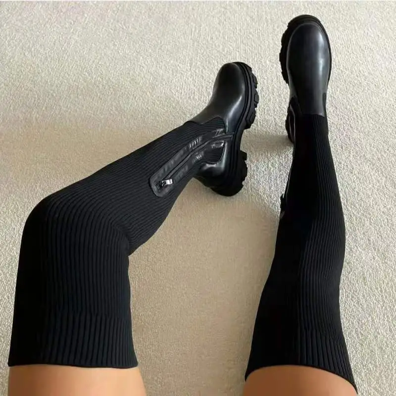 Women Winter Casual Solid Color Over The Knee Boots With Elastic Side Zipper Thick Sole Pu Upper