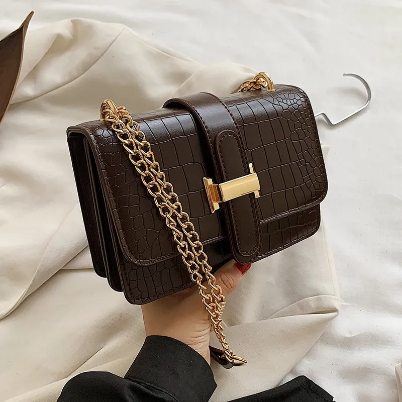 Women Vintage Metal Chain Crocodile Pattern Solid Color Crossbody Shoulder Bag