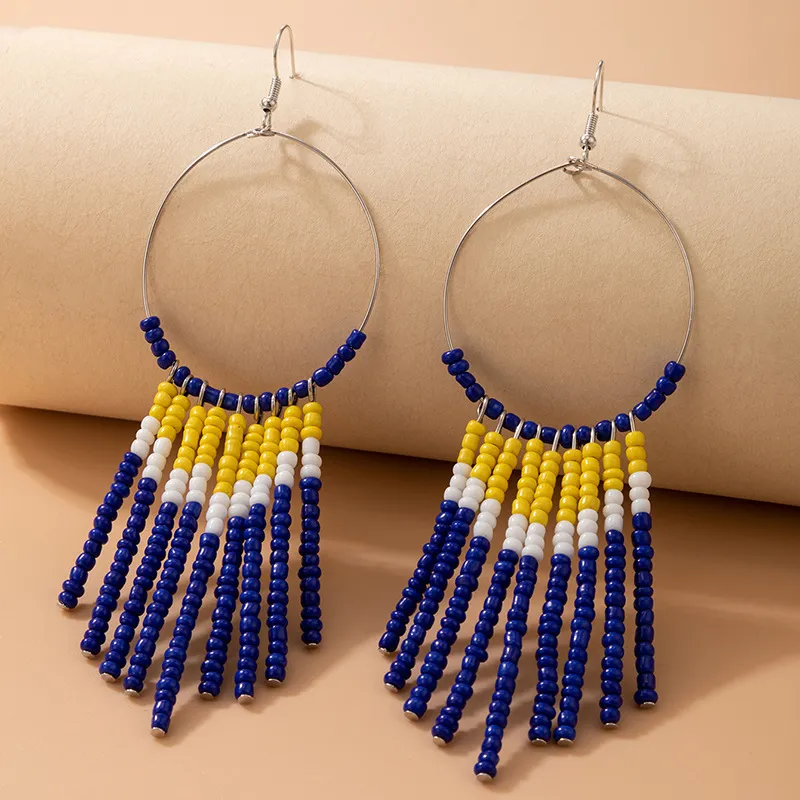 Women Bohemian Style Exaggerated Beaded Design Pendant Tassel Drop Earrings