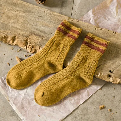 Women Autumn Vintage Color Blocking Stripe Breathable Mid-Calf Wool Socks