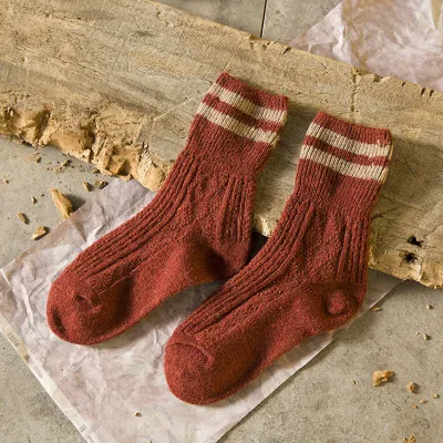 Women Autumn Vintage Color Blocking Stripe Breathable Mid-Calf Wool Socks
