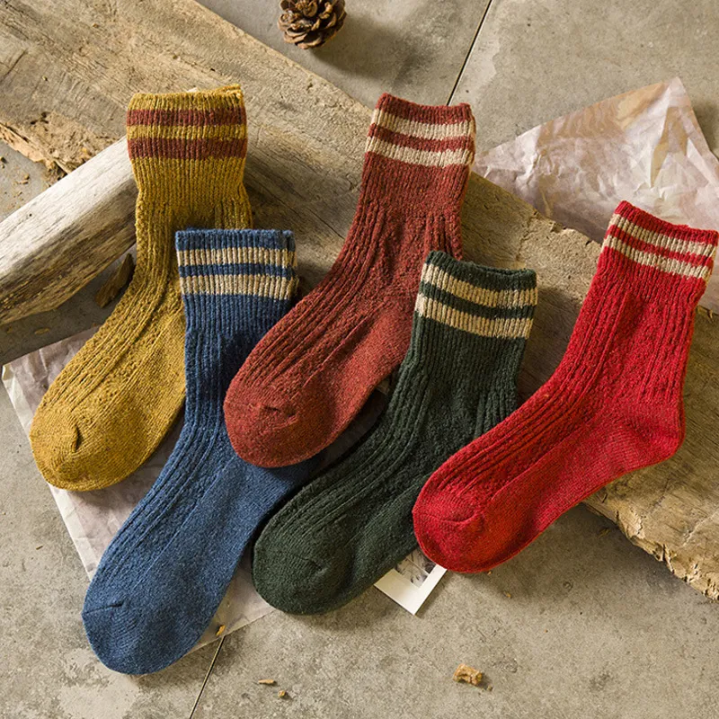 Women Autumn Vintage Color Blocking Stripe Breathable Mid-Calf Wool Socks