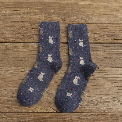 Women Winter Vintage Cat Pattern Breathable Cotton Socks