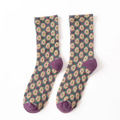 Women Edgy Color Blocking Flower Pattern Cotton Socks