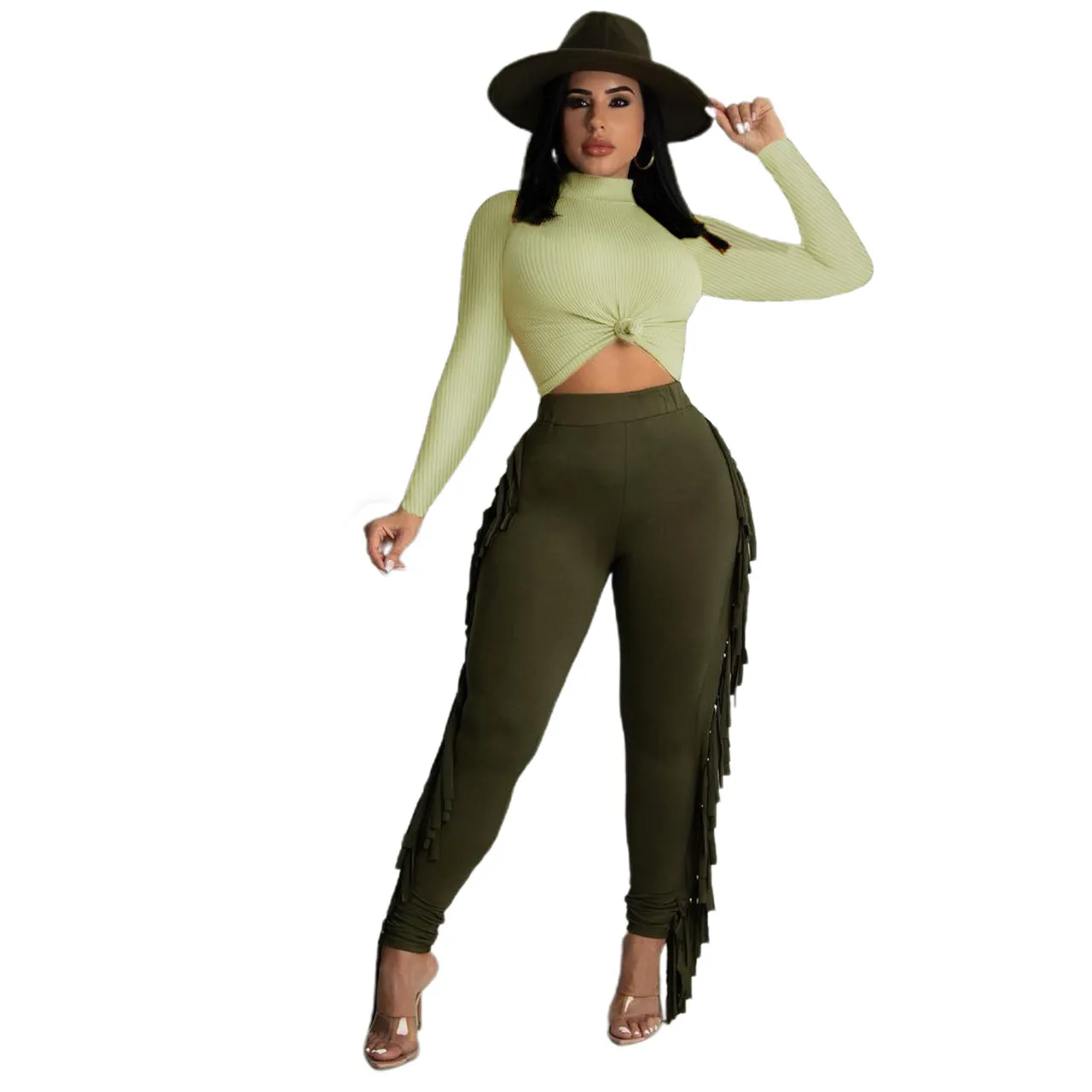 Wholesale S-XL Women Athleisure Basic Office Solid Color Long Sleeve Crop  Top And Tassel Pants Set