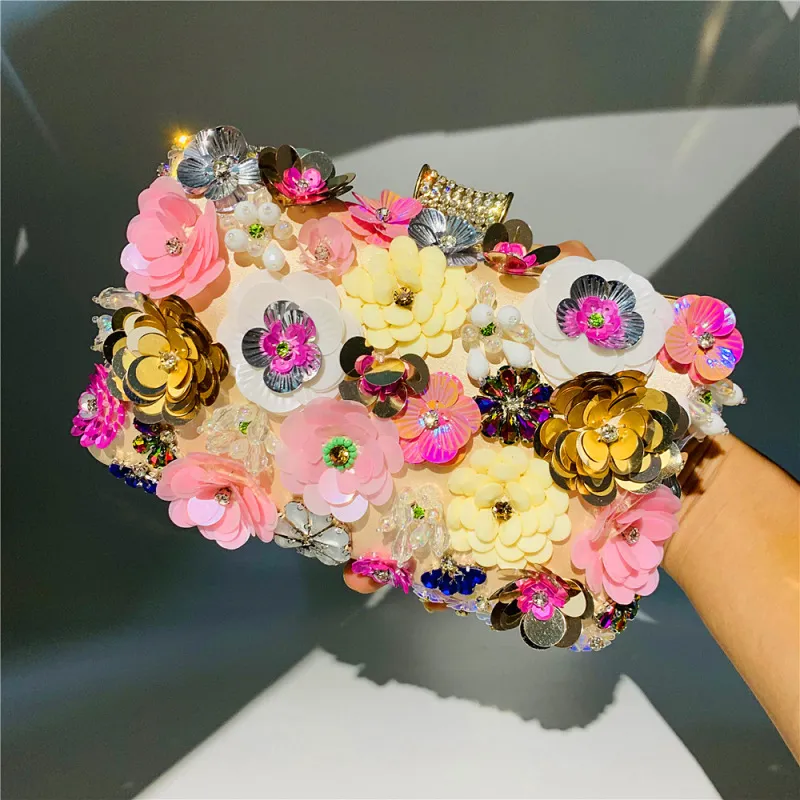 Women Chic Multi Flower Inlay Clutch Square Evening Bag Satin