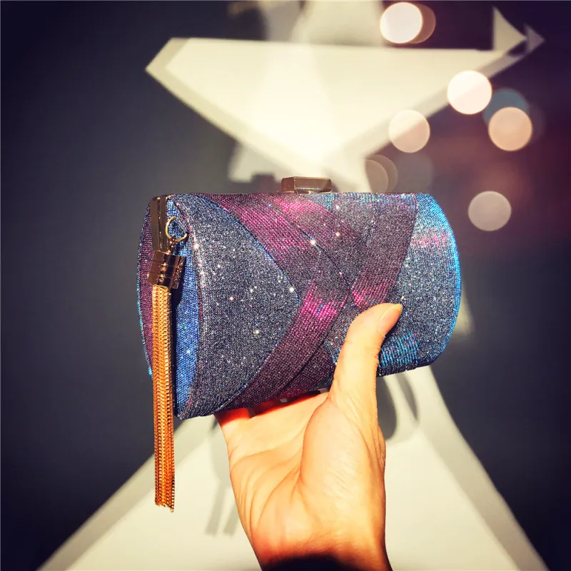 Women Chic Tassel Sequin Patchwork Clutch Square Crossbody Evening Bag
