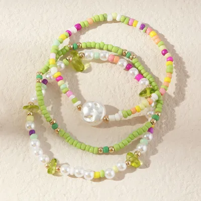 3pcs/set Cute Irregular Crystal Pearl And Bead Decoration Bracelet Set