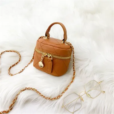 Girls Casual Solid Color Diamond Pattern Box Design Handle Crossbody Bag for Toddler