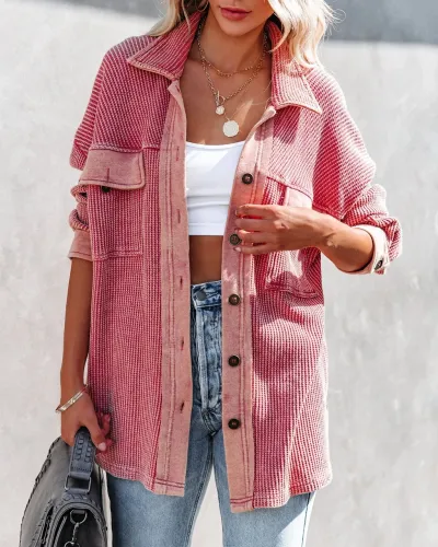 Women Casual Office Long Sleeve Lapel Single-breasted Pocket Design Knit Shacket