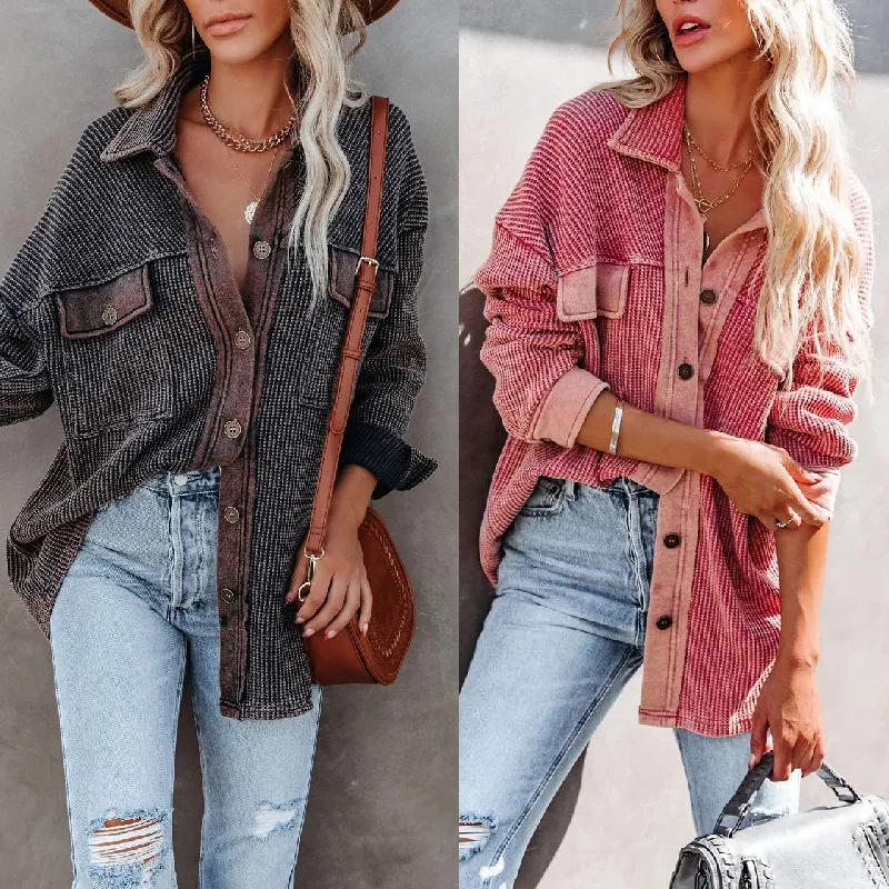 Women Casual Office Long Sleeve Lapel Single-breasted Pocket Design Knit Shacket