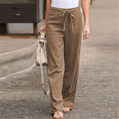 Women Casual Solid Color Loose Fit Wide Leg Pants with Drawstring Waist