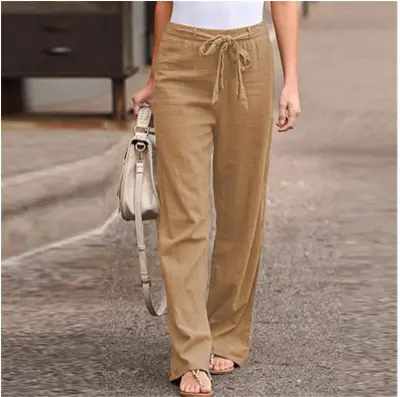 Women Casual Solid Color Loose Fit Wide Leg Pants with Drawstring Waist