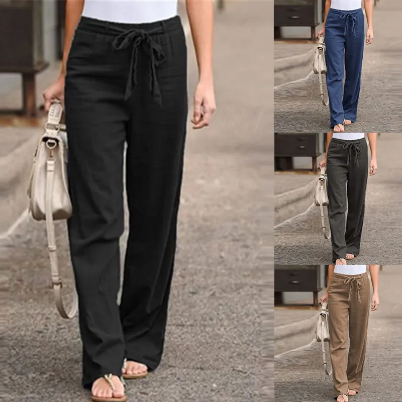 Women Casual Solid Color Loose Fit Wide Leg Pants with Drawstring Waist