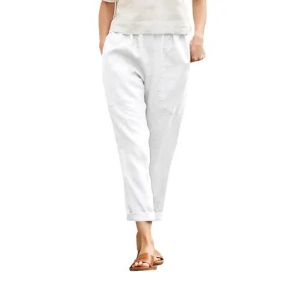 Women Basic Solid Color Casual Straight Pants Cotton Linen Blend
