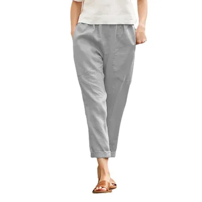 Women Basic Solid Color Casual Straight Pants Cotton Linen Blend