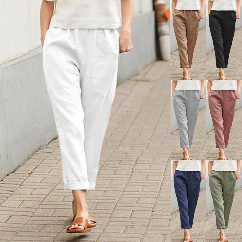 Women Basic Solid Color Casual Straight Pants Cotton Linen Blend