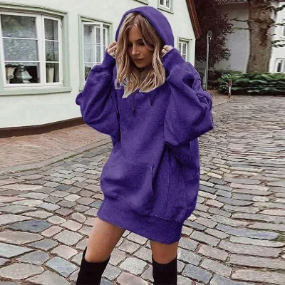 Women Casual Athleisure Solid Color Loose Pocket Hoodie