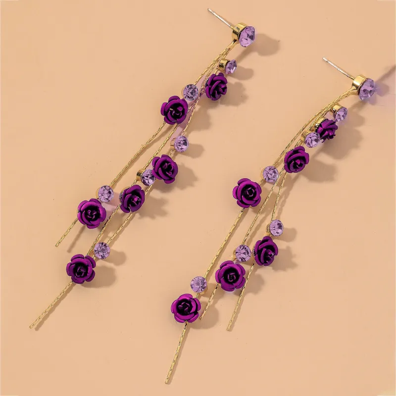 Creative Temperament Rose Tassel Rhinestone Decoration Drop Earrings for Women