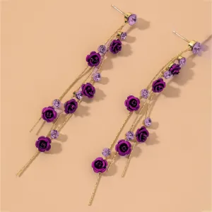 Creative Temperament Rose Tassel Rhinestone Decoration Drop Earrings for Women