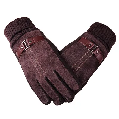 Men Winter Simple Stitching Design Solid Color Plush Pig Skin Gloves