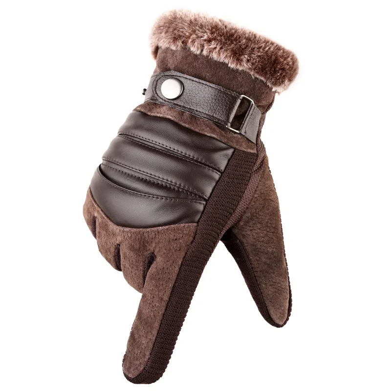 Men Winter Simple Stitching Design Solid Color Plush Pig Skin Gloves