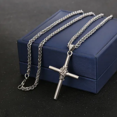 Men Punk Vintage Simple Solid Color Cross Pendant Alloy Snake Chain Necklace