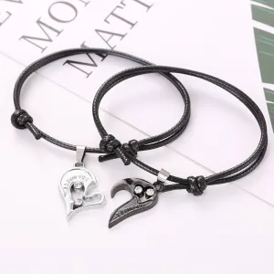 2pcs/set Couple Vintage Simple Heart Splicing Pendant Design Rhinestone Bracelet Set